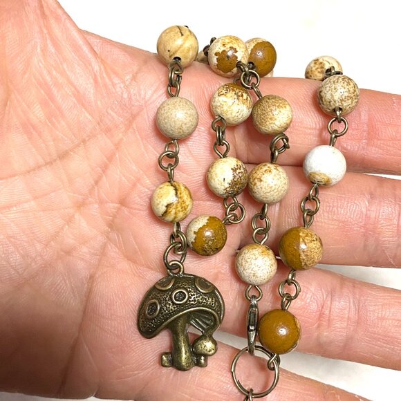 Genuine Yellow Picture Jasper Short Necklace, Bronze Round Mushroom + Gemstone - Picture 15 of 15